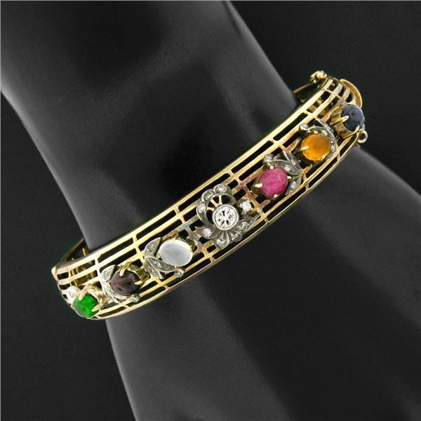 Antique Victorian 14k Gold & Silver Open Work Gemstone & Diamond Flower Bracelet