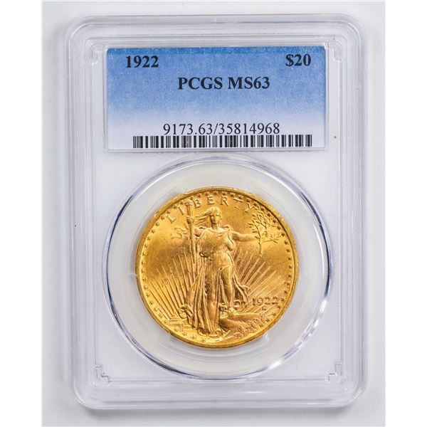 1922 $20 Double Eagle Gold Coin PCGS MS63