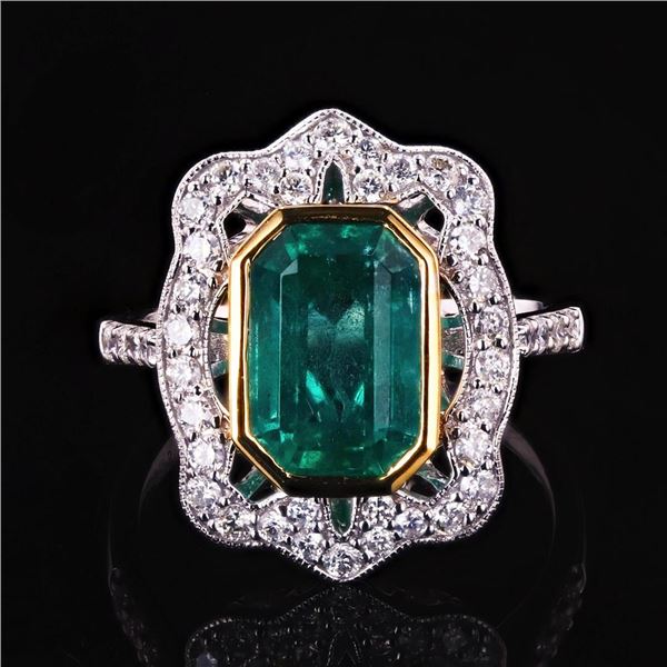 3.18 ctw Emerald and 0.59 ctw Diamond 18K White and Yellow Gold Ring