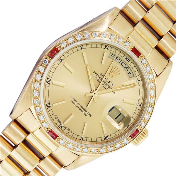 Rolex Mens 18K Yellow Gold Day Date President Champagne Index & Diamond Ruby Wat