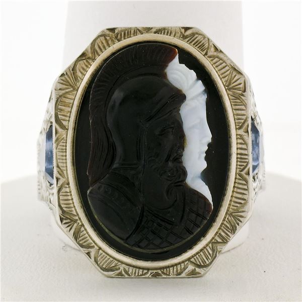 Antique Art Deco Men's 10k Gold Agate Double Cameo & Shield Cut Aquamarine Ring