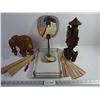 Image 1 : Glass Tray, (2) Wood Figurines and (4) Paper Fans