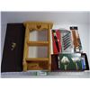Image 1 : Knitting Needles with Case, Wooden Shelf, Charcoal Sticks, Paint Brushes and Decorative Box w/postca