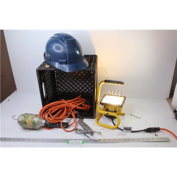 Crate w/Trouble Light - Hard Hat - Pliers & Drywall Knife - Work Light (working)