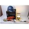 Image 1 : Crate w/Trouble Light - Hard Hat - Pliers & Drywall Knife - Work Light (working)