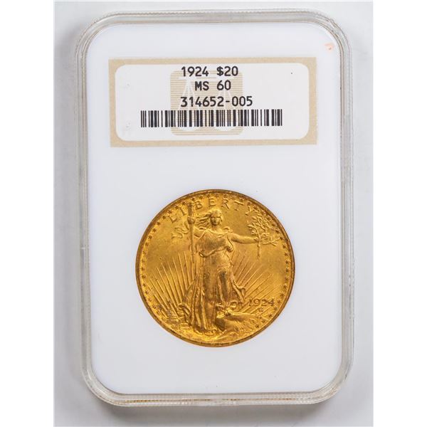 1924 $20 Double Eagle Gold Coin NGC MS60