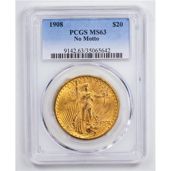 1908 $20 No Motto Double Eagle Gold Coin PCGS MS63