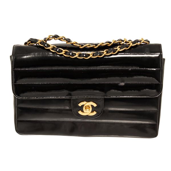 Chanel Horizontal Quilt Jumbo Single Flap Shoulder BAg Black Lambskin