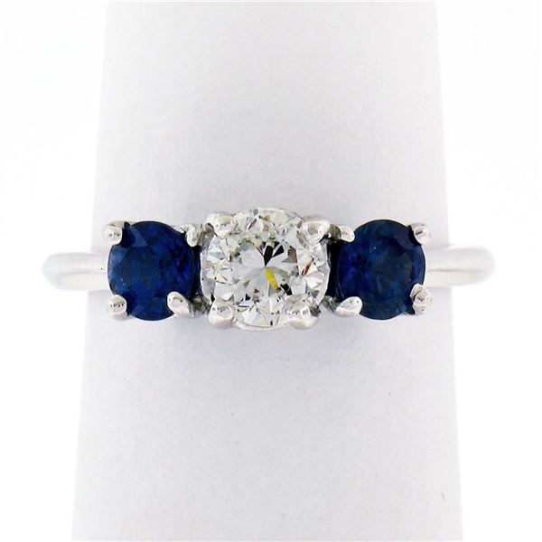 Solid Platinum 1.32 ctw Round Brilliant Prong Sapphire Diamond 3 Three Stone Rin