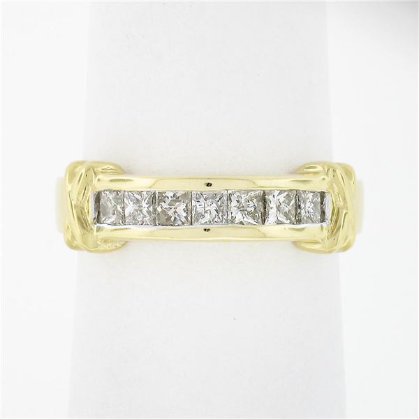 18k Yellow Gold 0.70 ctw Channel Set Princess Cut Diamond w/  X  Sides Band Ring