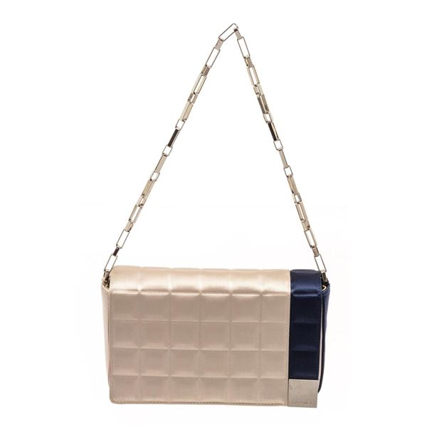 Chanel Beige Blue Satin Chocolate Bar Chain Shoulder Bag