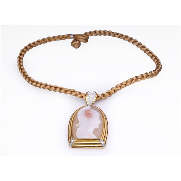 Antique Carved Cameo Agate in Later 18K Yellow Gold and Diamond Mount