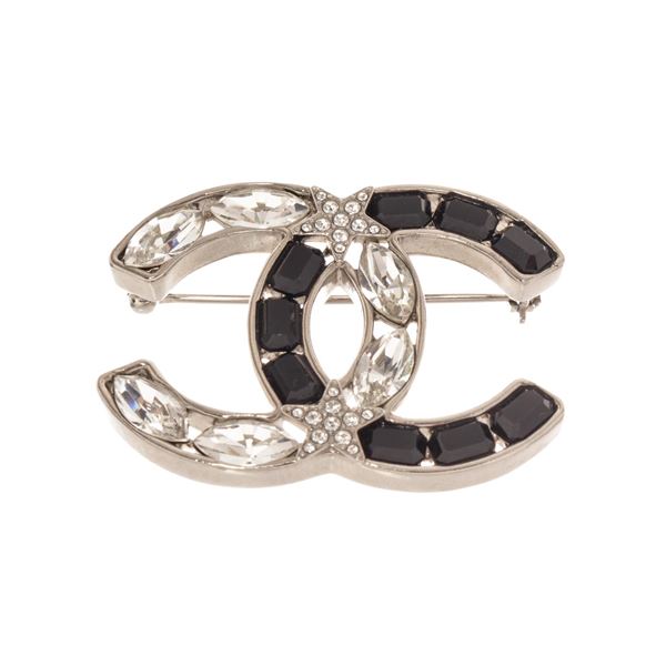 Chanel Black and Silver Pearl CC Rhinstone Brooch
