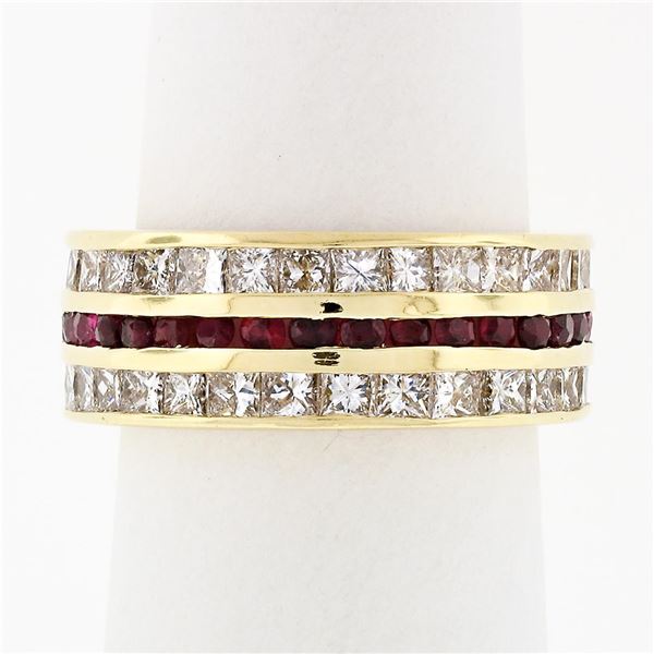 Vintage 18k Gold Channel Round Ruby Princess Cut Diamond Wide Eternity Band Ring