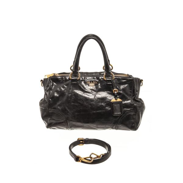 Prada Black Shine Leather 2Way Satchel Bag