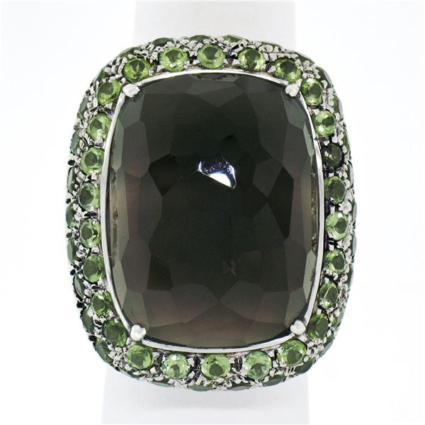 18K White Gold 37.60 ctw Large Faceted Smokey Topaz Solitaire & Peridot Halo Rin