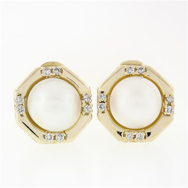 Vintage 14K Yellow Gold Mabe Pearl & Diamond Octagon Large Button Clip Earrings