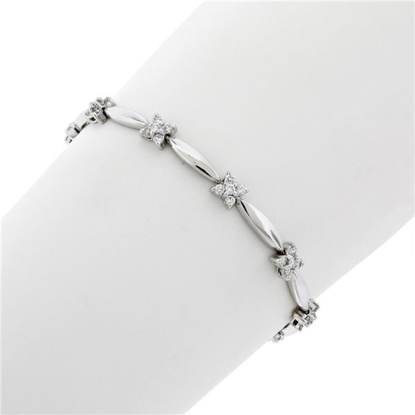 18K White Gold 7  1.50 ctw Floral Diamond Cluster & Marquise Bar Link Bracelet