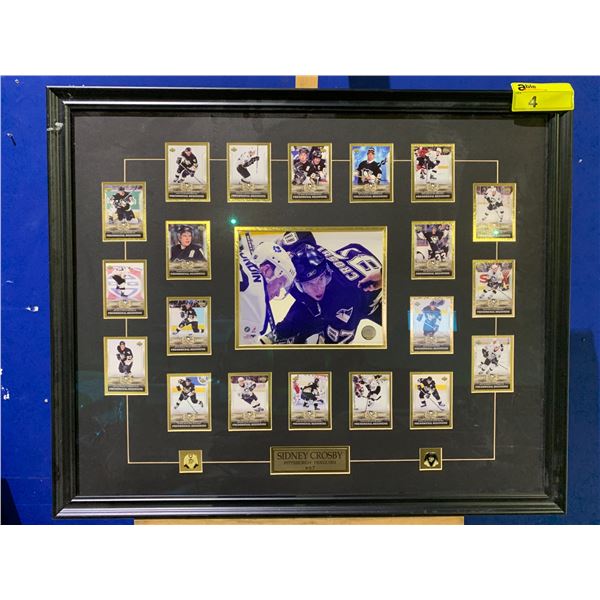 FRAMED SIDNEY CROSBY PHENOMENAL BEGINNING HOCKEY CARDS, PHOTO & JERSEY PINS