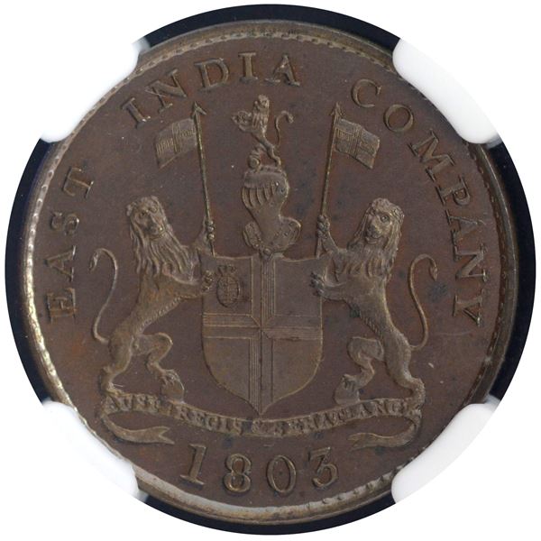 Copper Five Cash Original Proof 1803 AD Coin of Soho Mint of Madras Presidency.