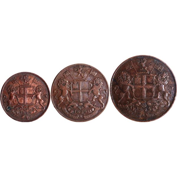 Set of Three Copper Coins, One Two & Four Pice of Madras Presidency.