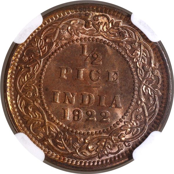 Rare NGC MS 65 RB Bronze Half Pice Coin of King George V of Calcutta Mint of 1922.
