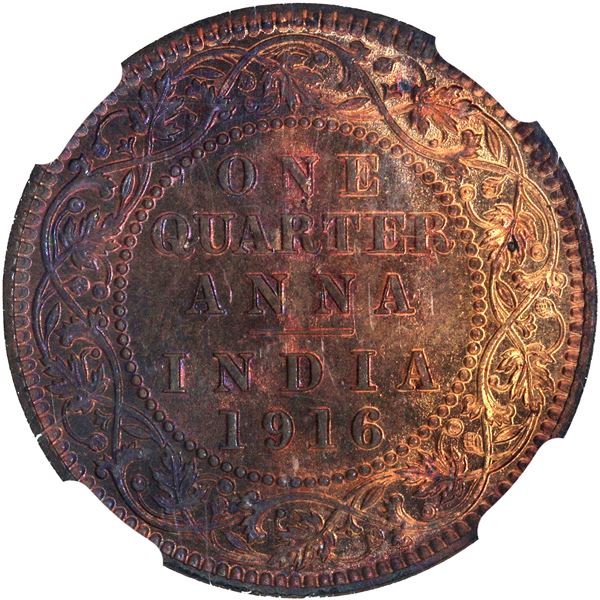 Extremely Rare NGC MS 65 RB Graded Bronze One Quarter Anna Coin of King George V of Calcutta Mint of