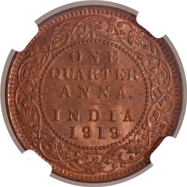 Very Rare NGC MS 65 RB Graded Bronze One Quarter Anna Coin of King George V of Calcutta Mint of 1919