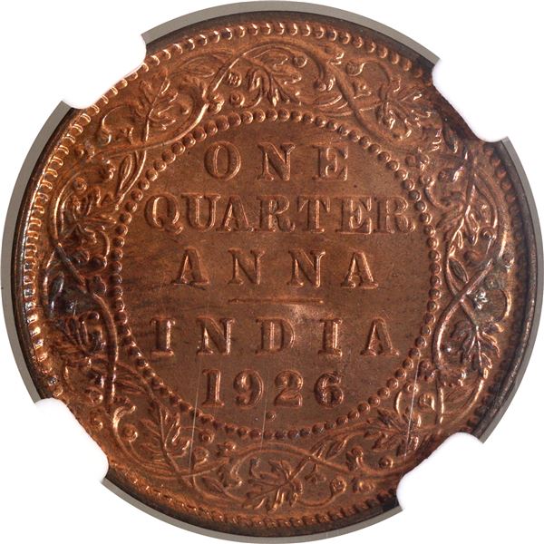Very Rare NGC MS 65 RB Graded Bronze One Quarter Anna Coin of Bombay Mint of King George V of 1926.