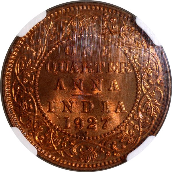 Rare NGC MS 66 RD Bronze One Quarter Anna Coin of King George V of Bombay Mint of 1927.