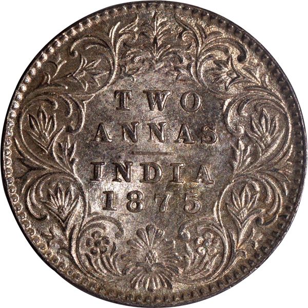 Rare Silver Two Annas Coin of Victoria Queen of Calcutta Mint of 1875.
