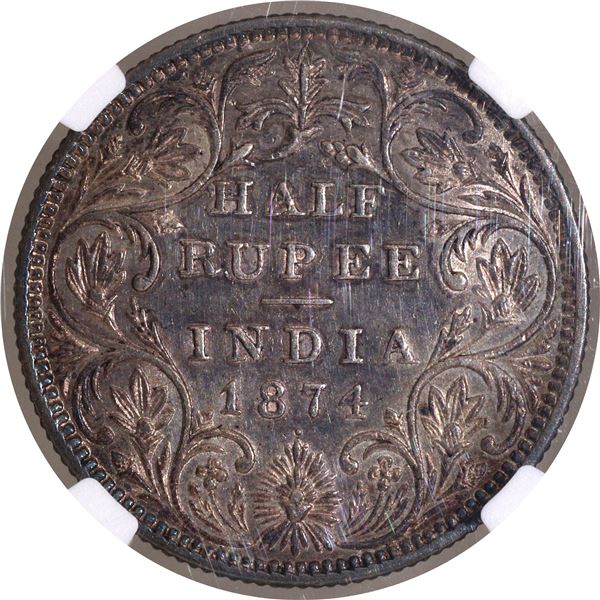 Very Rare NGC AU Graded Victoria Queen of 1874 of Silver Half Rupee Coin of Bombay Mint.