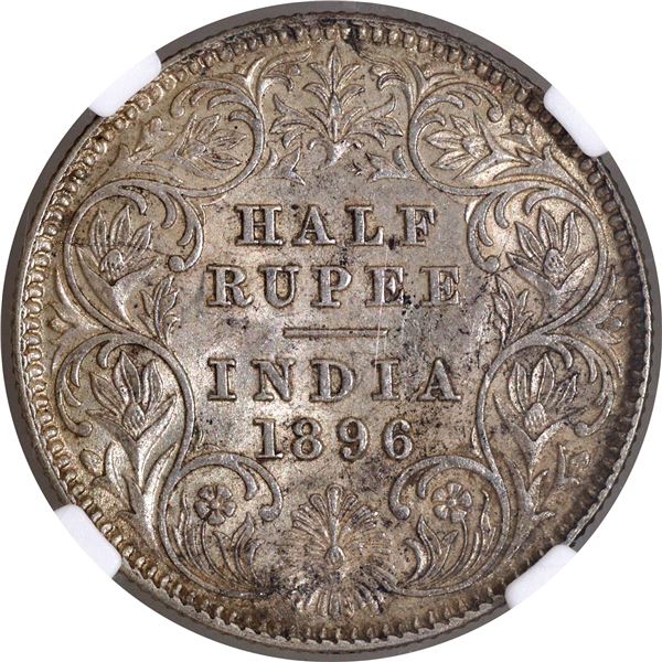 Very Rare NGC AU 58 Graded Silver Half Rupee Coin of Victoria Empress of Calcutta Mint of 1896.