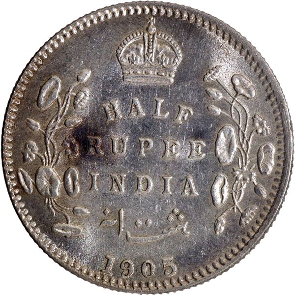 Very Rare Year Silver Half Rupee Coin of King Edward VII of Calcutta Mint of 1905 with Toning.