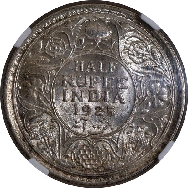 Rare NGC MS 62+ Graded Silver Half Rupee Coin of King George V of Calcutta Mint of 1925.