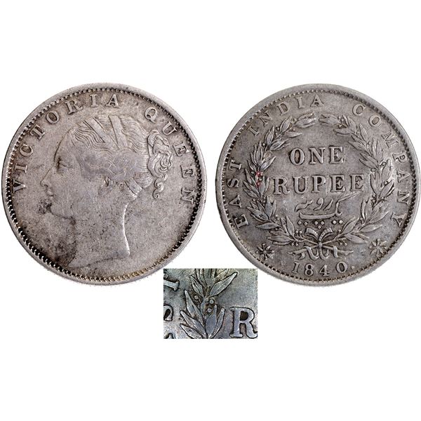 Rare Silver One Rupee Coin of Victoria Queen Continuous Legend of Calcutta Mint of 1840.