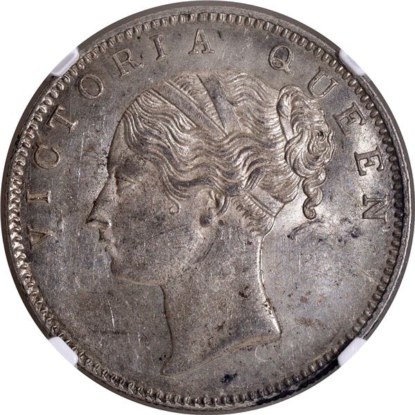 Rare NGC MS 62 Graded Silver One Rupee Coin of Victoria Queen of Bombay Mint of 1840.