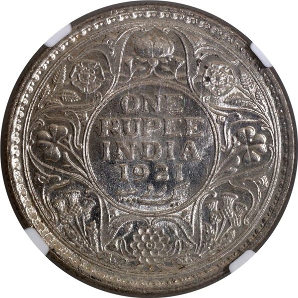 Rare Date NGC MS 62 Graded Silver One Rupee Coin of of King George V of Bombay Mint of 1921.
