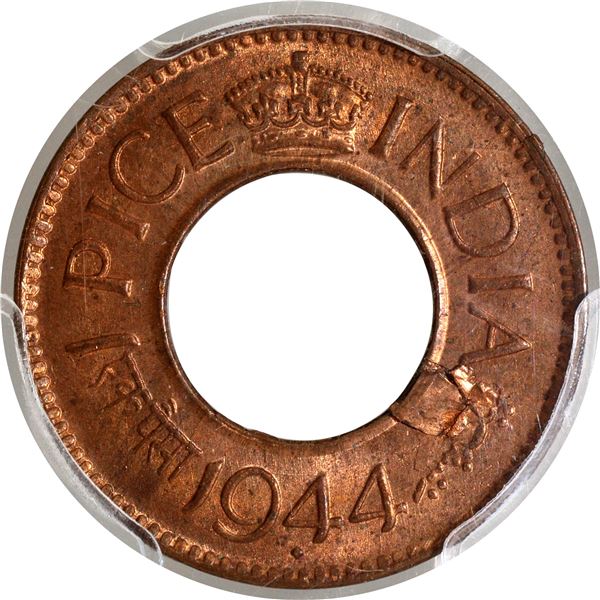 Extremely Rare PCGS MS 64 RB Error Bronze One Pice Coin of King George VI of Bombay Mint of 1944.
