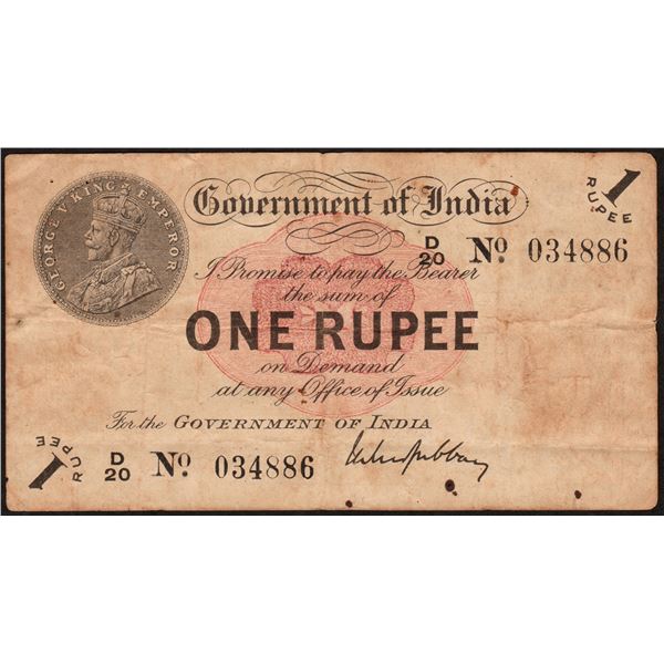 Very Rare One Rupee Banknote of British India Signed by M M S Gubbay of 1917 of King George V.