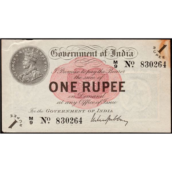 Very Rare One Rupee Banknote of King George V Signed by M M S Gubbay of 1917 of Madras Circle.