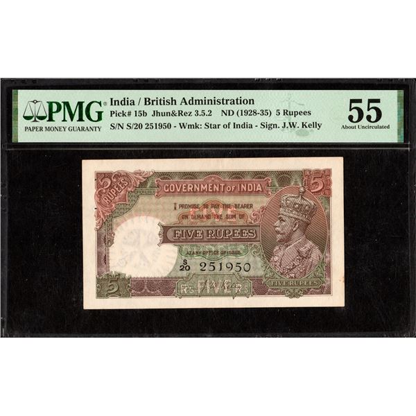 Very Rare PMG 55 Graded Five Rupees Banknote of King George V Signed by J W Kelly of 1934.