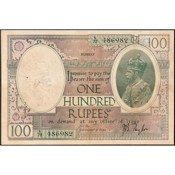 Very Rare One Hundred Rupees Banknote of King George V Signed by J B Taylor of 1928 of Bombay Circle