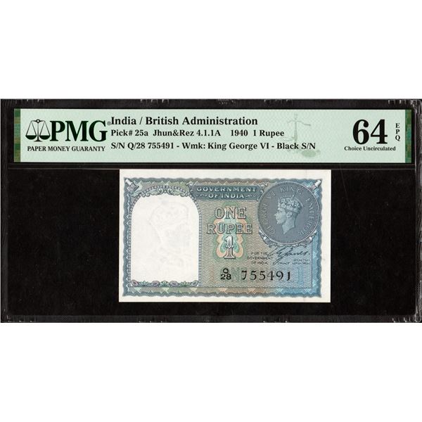 Rare PMG 64 Graded One Rupee Banknote of King George VI Signed by C E Jones of 1944 of British India