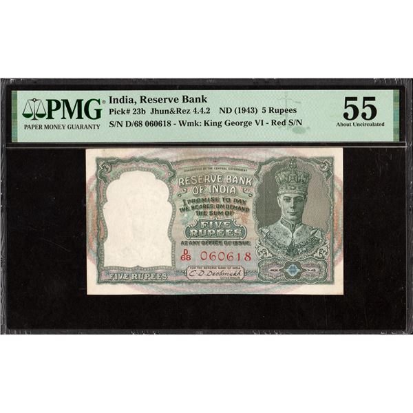 Very Rare PMG 55 Graded British India Five Rupees Banknote of King George VI Signed by C D Deshmukh