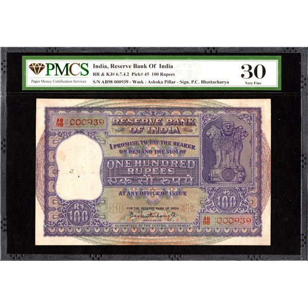 PMCS 30 Graded Banknote of Republic India of 1960 of Hundred Rupees Signed by P C Bhattacharya.