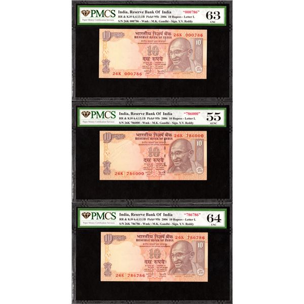 786 Fancy Number Banknotes of Republic India of Ten Rupees Signed by Y V Reddy of 2006.