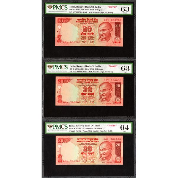 786 Series Twenty Rupees Fancy Number Banknotes of Republic India Signed by Y V Reddy of 2003-2005.