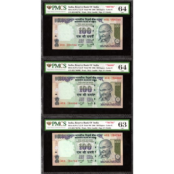 786 Series Fancy Number Hundred Rupees Banknotes of Republic India Signed by Y V Reddy of 2006.