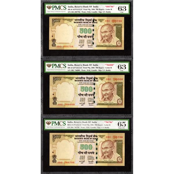 786 Series Five Hundred Rupees Fancy Number Banknotes of 2006 Signed by Y V Reddy of Republic India.